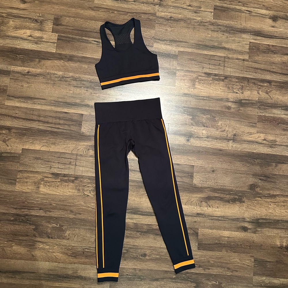 The Upside Women’s Black And Orange Leggings And Sports Bra
